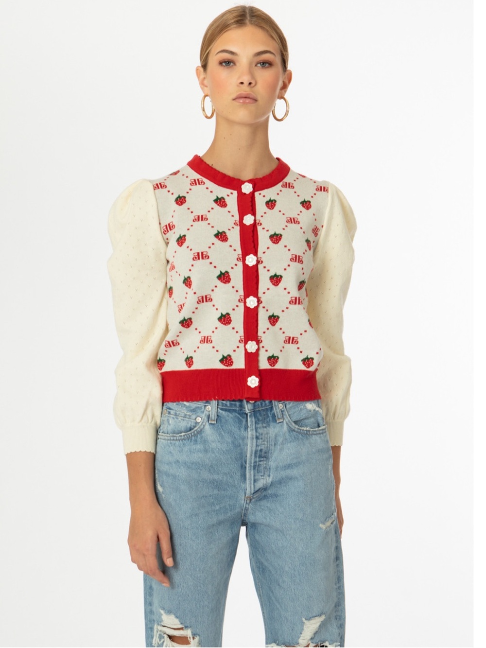 Strawberry-Print Cream & Red Puff Sleeve Cardigan